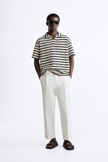 STRIPED TEXTURED POLO SHIRT - Ecru / Navy by Zara - Image 0