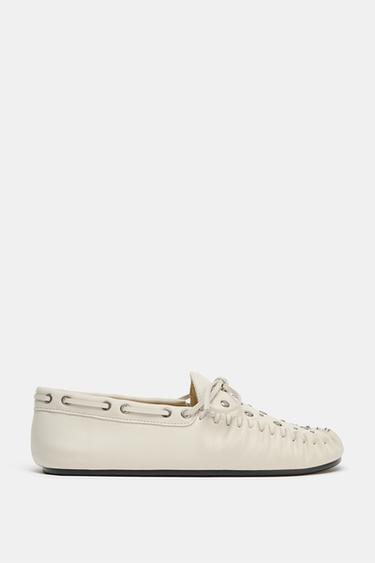 Zara STUDDED LEATHER LOAFERS - white