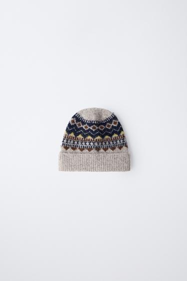 JACQUARD KNIT BEANIE - Siva / Modra od Zare