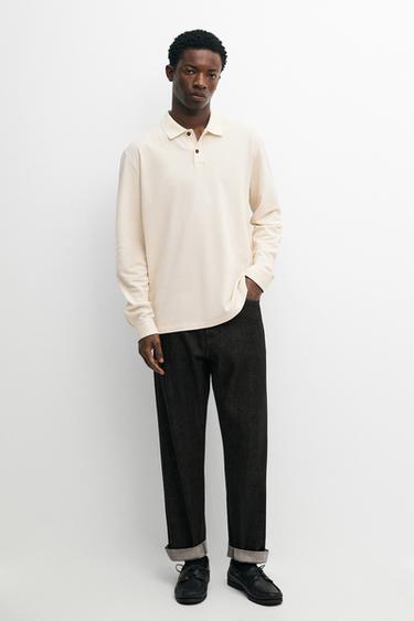 Zara 100% cotton micro-textured knit polo shirt - Beige - Image 0