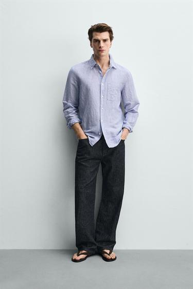 Camisa a rayas de algodón/lino de corte regular