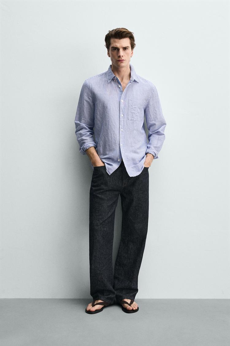 REGULAR FIT KETEN PAMUKLU ÇİZGİLİ GÖMLEK