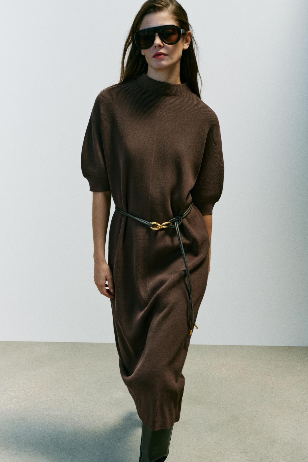 BELTED KNIT MAXI DRESS — Brown