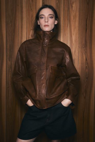 Zara ZW COLLECTION LIMITED EDITION 100% LEATHER BOMBER JACKET - Brown