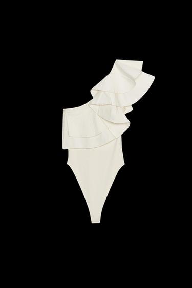 Zara ASYMMETRIC BODYSUIT WITH CONTRASTING RUFFLE - Ecru
