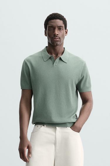 Zara RIB KNIT POLO SHIRT - Blue green