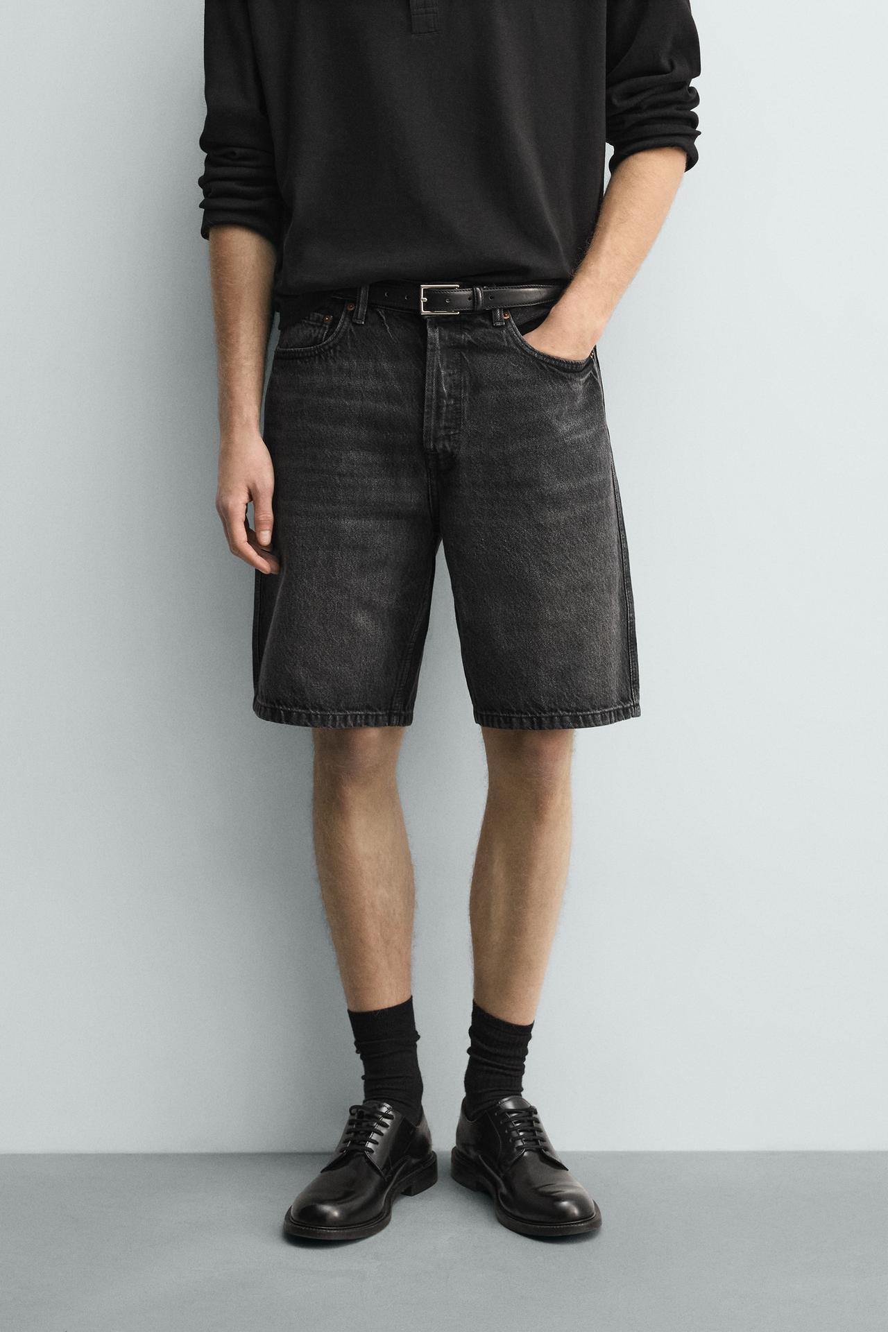 STRAIGHT FIT DENIM SHORTS — Charcoal