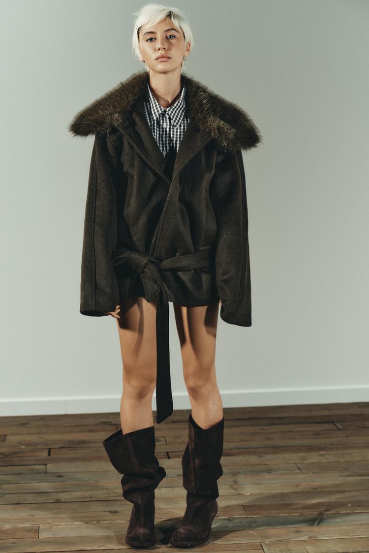 WOOL BLEND COAT WITH FAUX FUR COLLAR Dark khaki ZARA United States