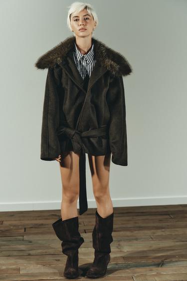 WOOL COAT WITH FAUX FUR COLLAR - Dark khaki by Zara