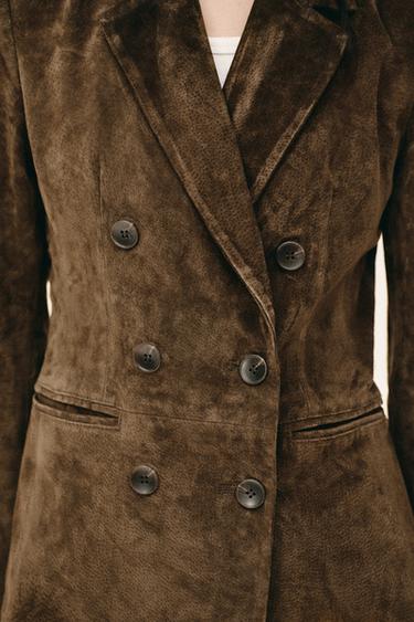 100% LEATHER SUEDE DOUBLE-BREASTED BLAZER - Khaki by Zara - Image 4