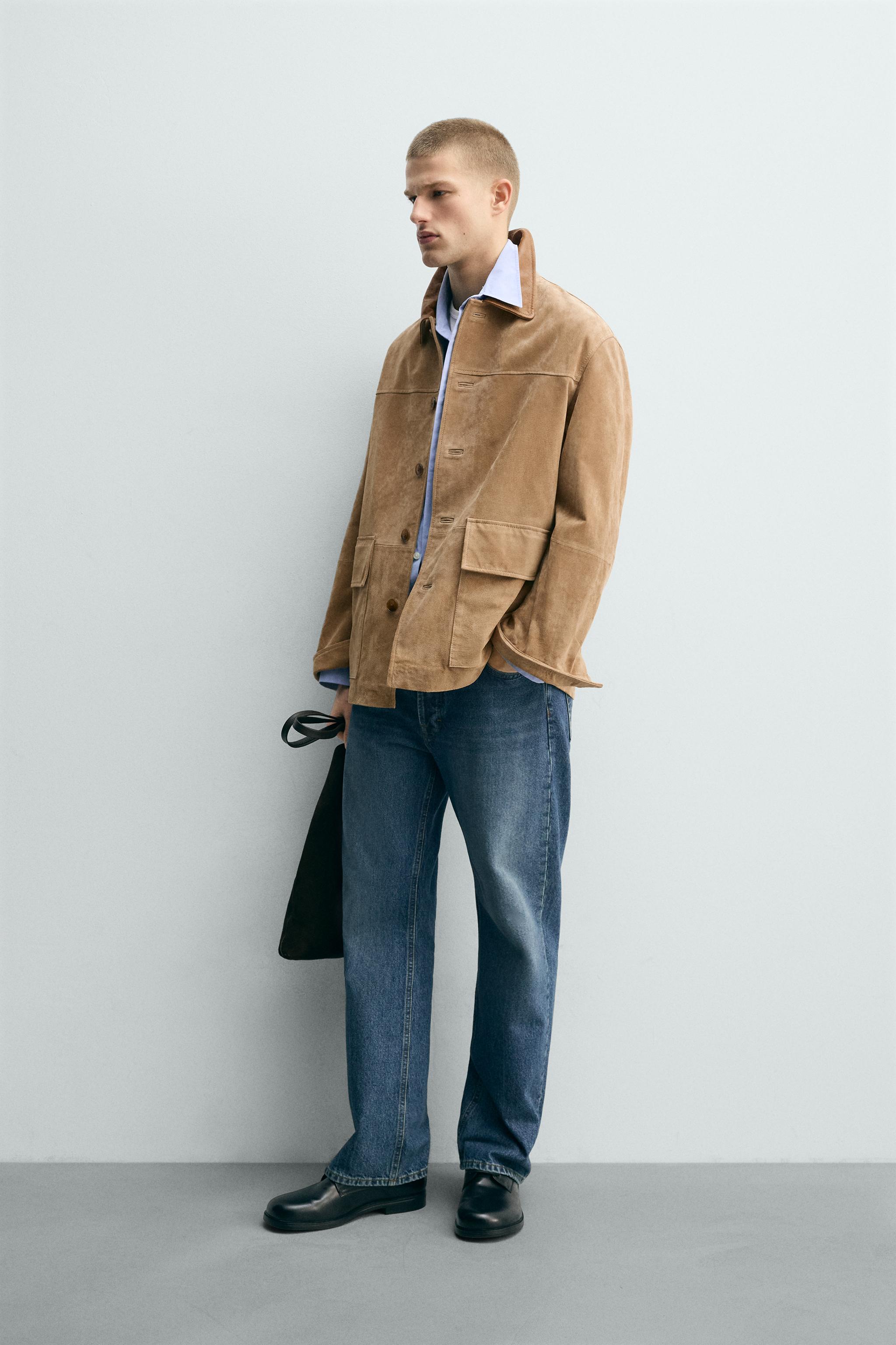 VESTE EN CUIR VELOURS AVEC COL BIMATIÈRE