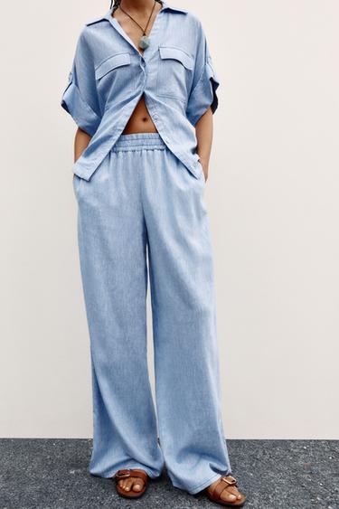 LINEN BLEND WIDE-LEG TROUSERS - Light blue by Zara