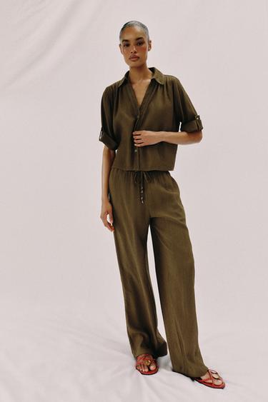 Zara 飄逸短袖襯衫 - 橄欖綠