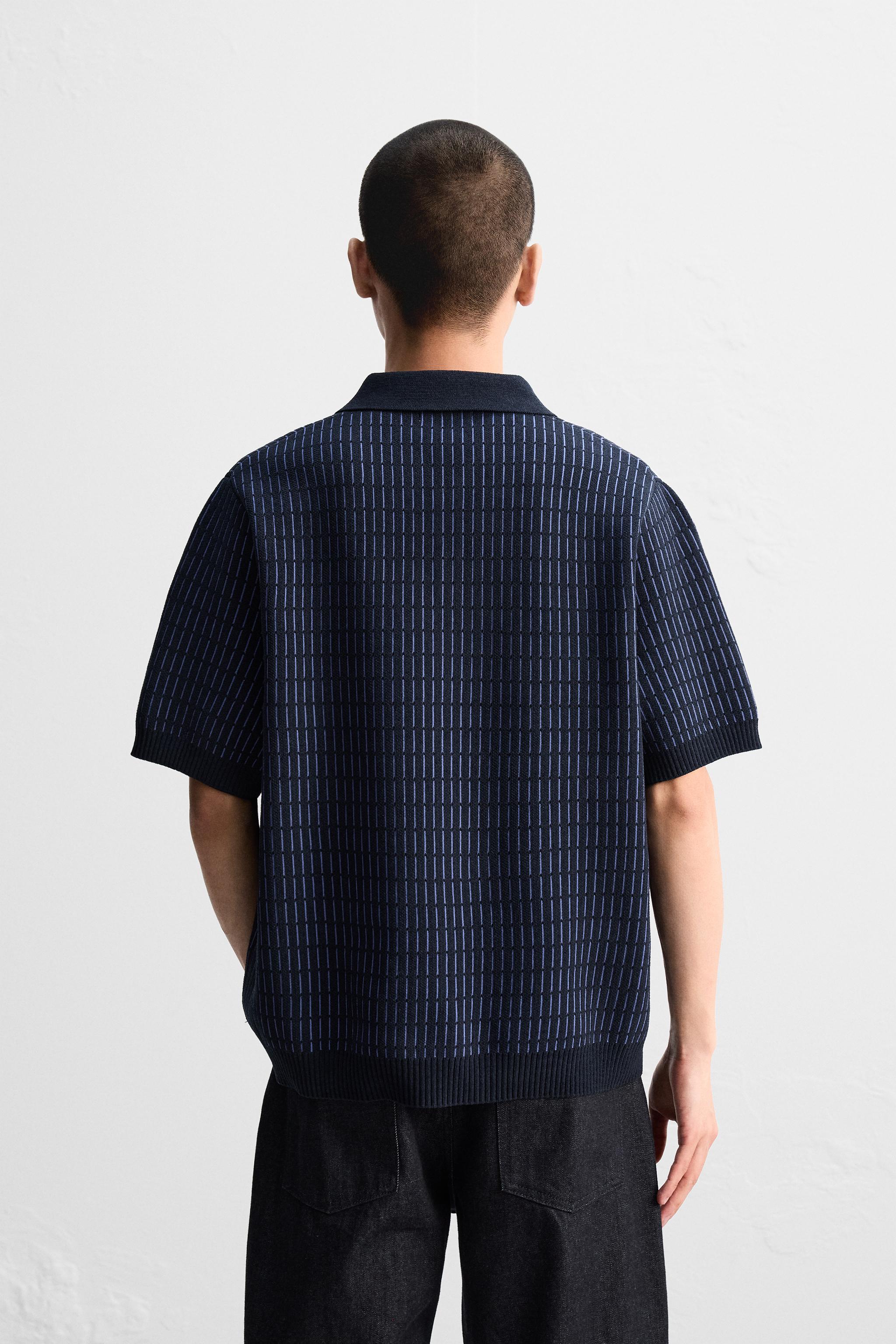 ★ドイツ発*ZARA*新作*コンバインテクスチャーニットポロ/DB★ コントラストテクスチャーニットポロシャツ - ブルー | ZARA
