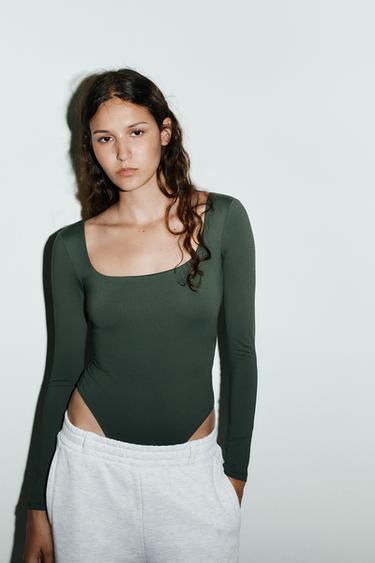 SQUARE NECK POLYAMIDE BODYSUIT - Mid-green by Zara