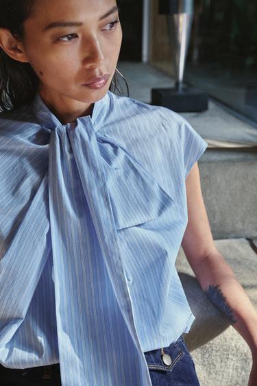 CHEMISE À RAYURES NŒUDS ZW COLLECTION - Blanc / Bleu ciel de Zara - Image 1