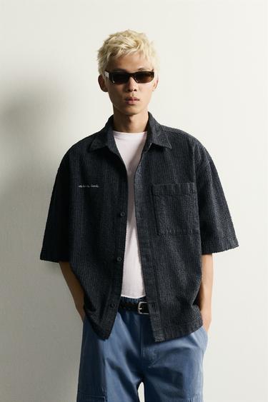 TEXTURED EMBROIDERED BOXY FIT OVERSHIRT - Navy blue by Zara