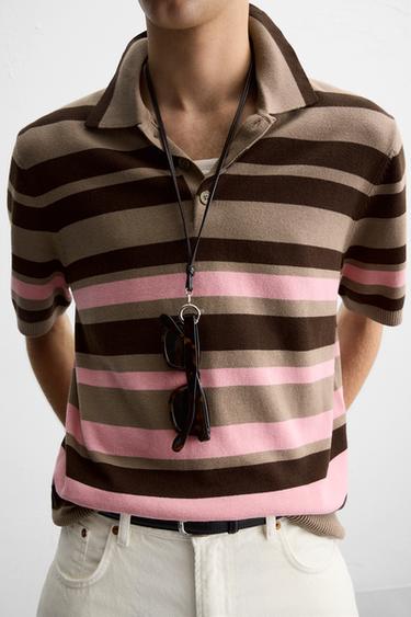 STRIPED JACQUARD KNIT POLO SHIRT - Brown by Zara - Image 4