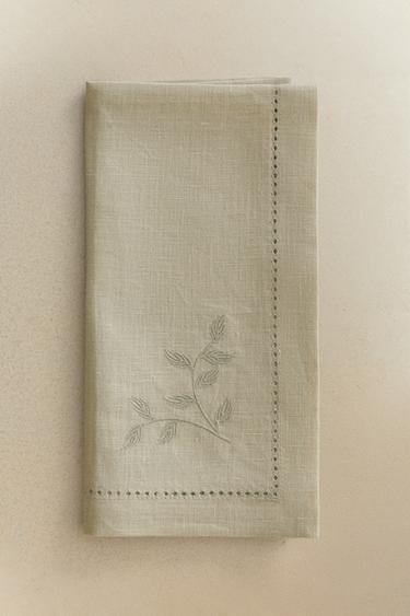 LINNEN SERVETTEN MET BLOEMENBORDUURSEL (2-PACK) - Blauwachtig van Zara