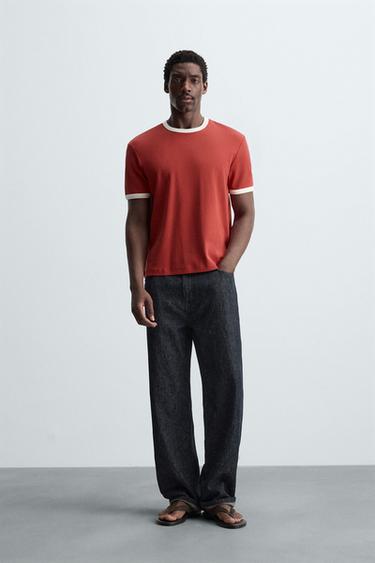 Zara BASIC CONTRAST RIBBED T-SHIRT - Red