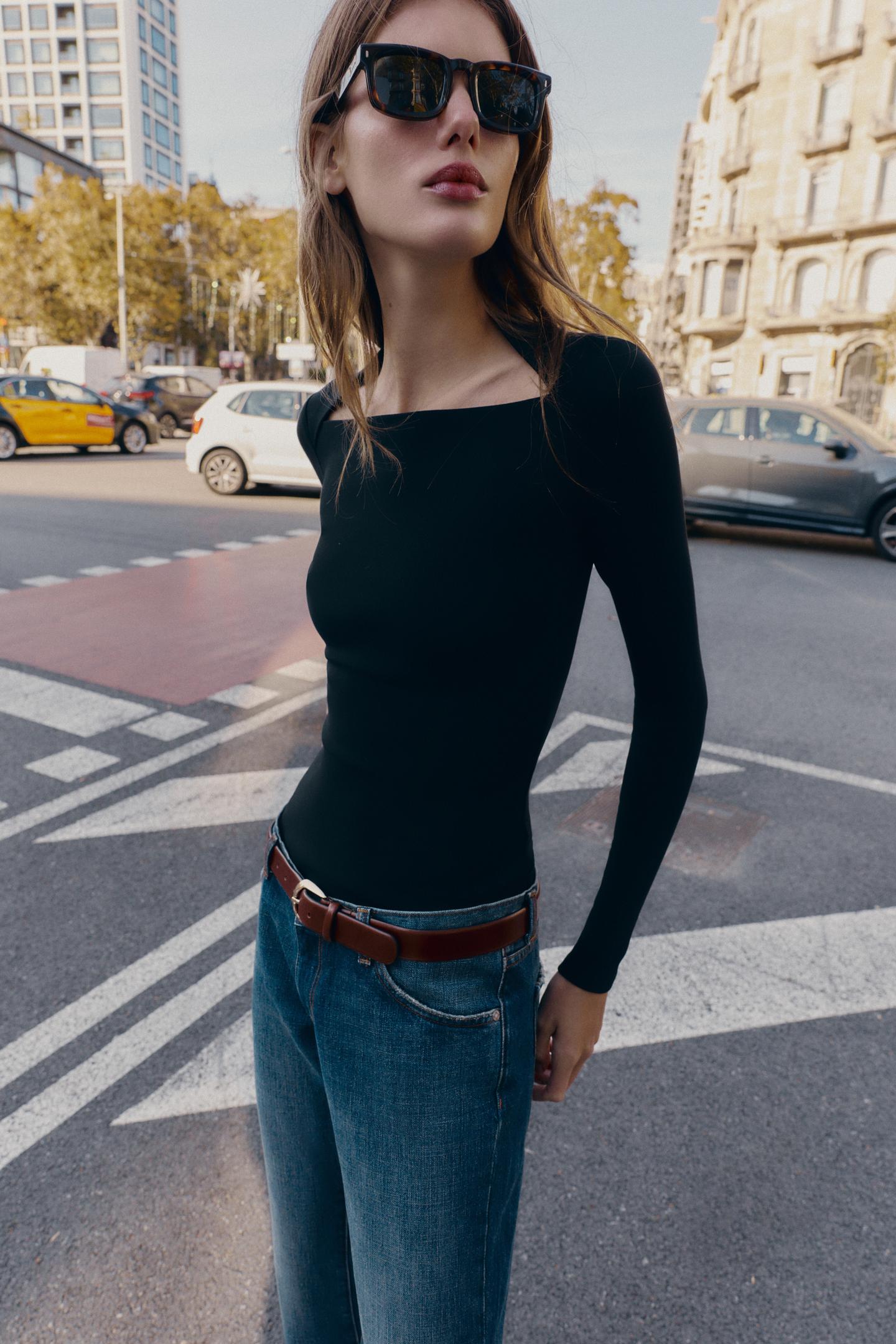 Женская футболка Zara Rib Long Sleeve, цвет: Чёрный — фото 3