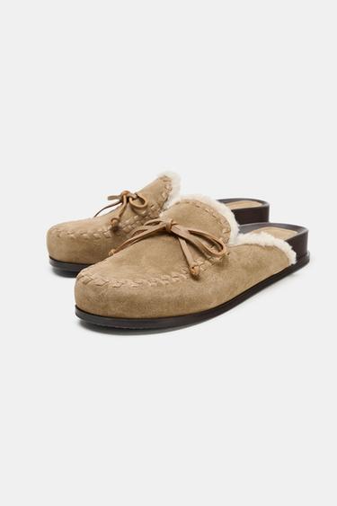 LEATHER SHEARLING EFFECT CLOGS - Sand Brown by Zara - Image 3