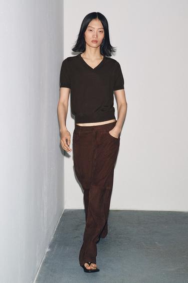 100% WOOL SHORT SLEEVE TOP - Dark brown by Zara
