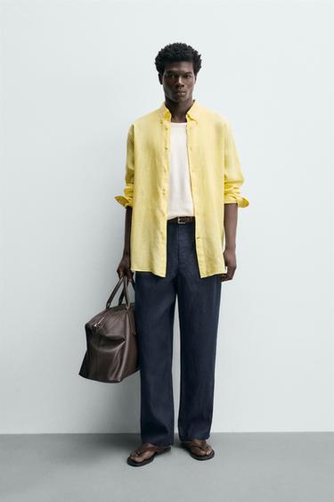 Zara 100% LINEN REGULAR FIT SHIRT - Yellow - Image 0
