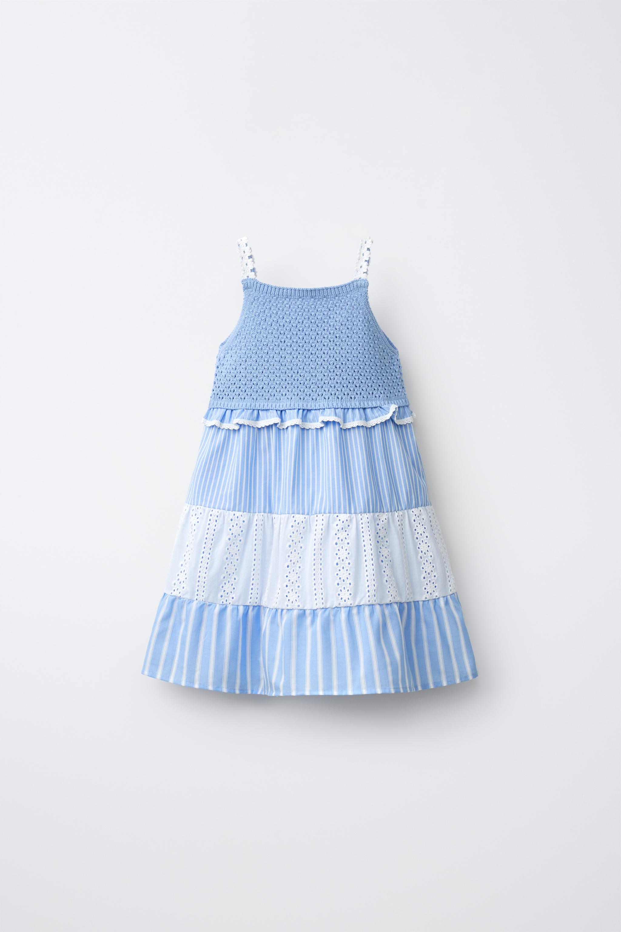 STRIPED AND SWISS EMBROIDERED KNIT DRESS — Blue / White (alternate view)