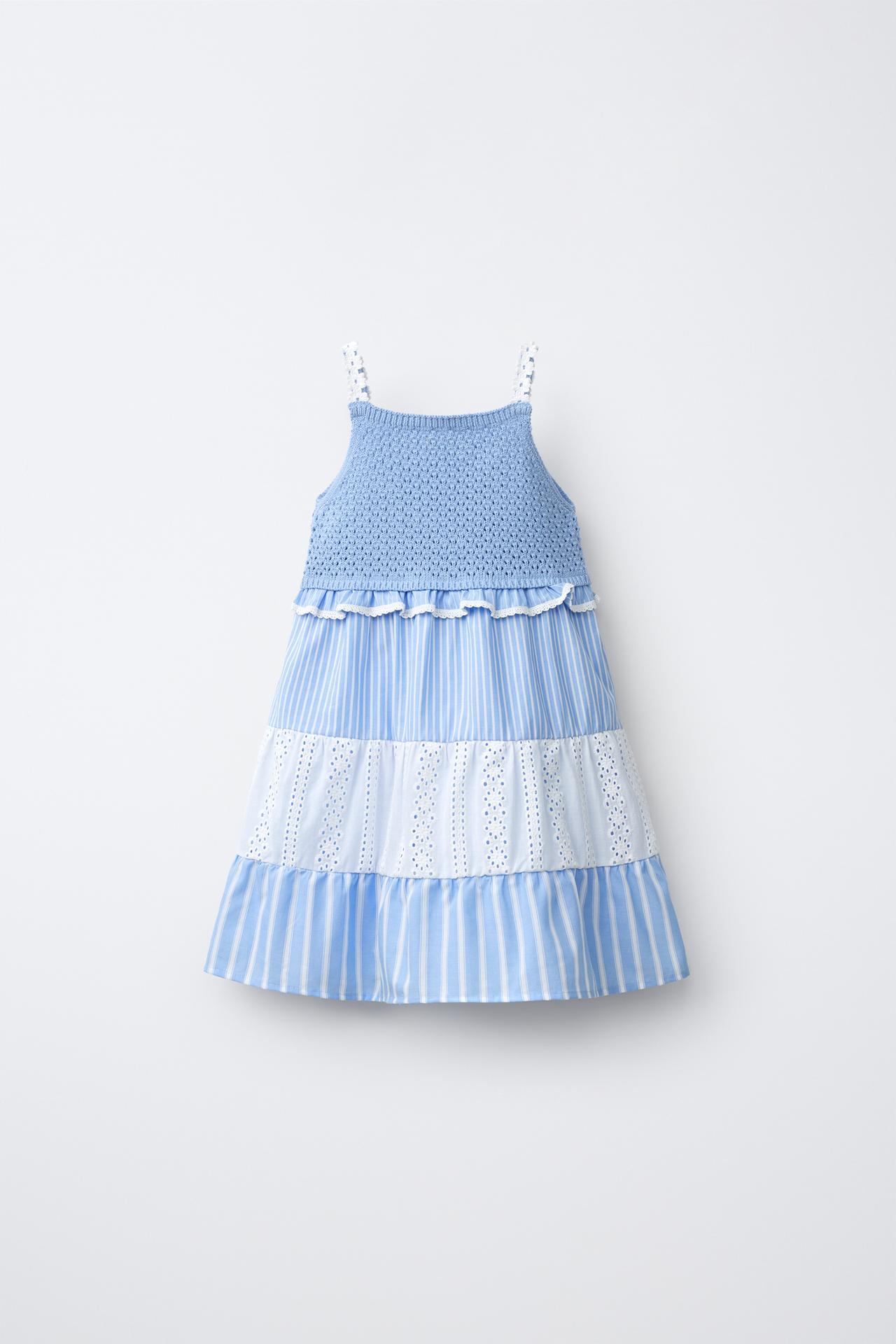 STRIPED AND SWISS EMBROIDERED KNIT DRESS — Blue / White