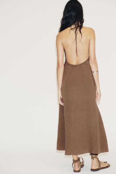 FLOWING OPEN BACK HALTERNECK DRESS - Dark brown by Zara - Image 4