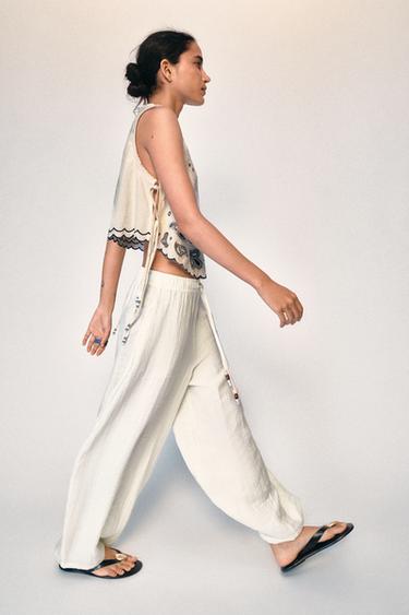 BEADED EMBROIDERY TOP - Oyster-white by Zara
