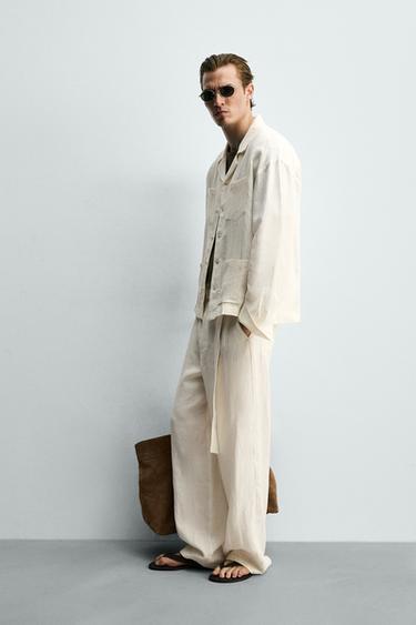 CELANA PANJANG RELAXED FIT 100% LINEN DENGAN SABUK - Putih pudar dari Zara