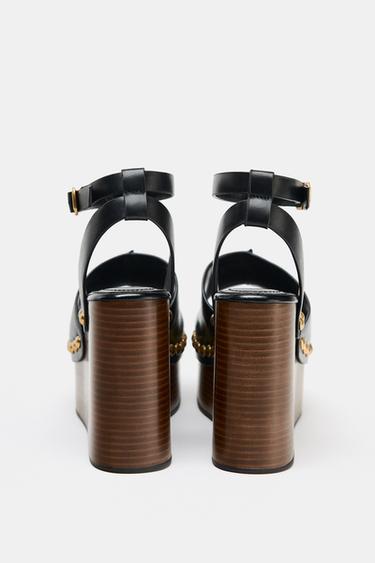 LEATHER WEDGE SANDALS WITH STUDS - Black by Zara - Image 5