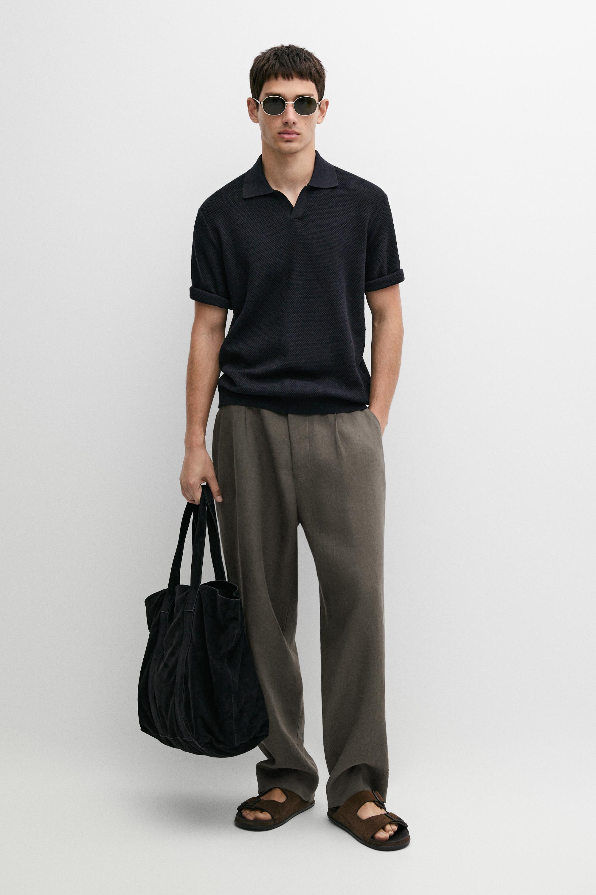 Cotton blend knit V-neck polo shirt - Navy blue | ZARA United States