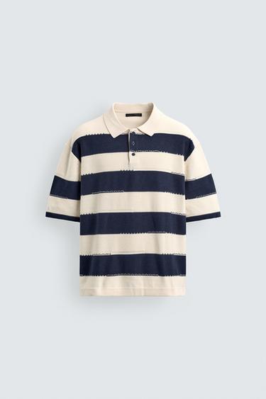 Zara 不規則條紋針織POLO衫 - 海藍色