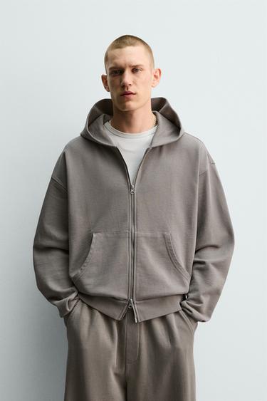 Zaras URTVÄTTAD SWEATSHIRT MED DRAGKEDJA OCH HUVA - Ljusgrå