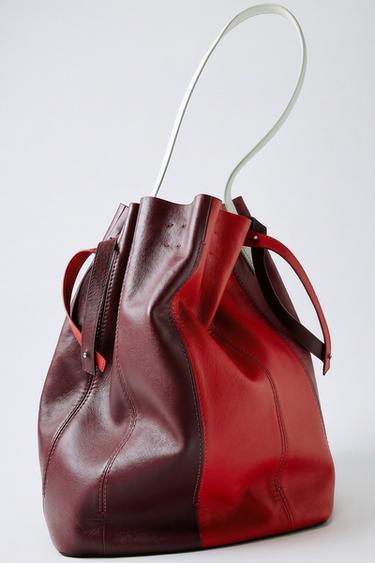Zara COLORBLOCK LEATHER SHOULDER BAG - Red