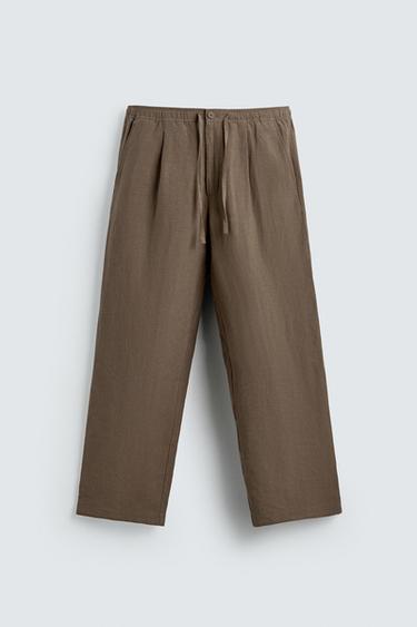 SPODNIE ZE 100% LNU O LUŹNYM KROJU - Brązowy / Popielaty Zara