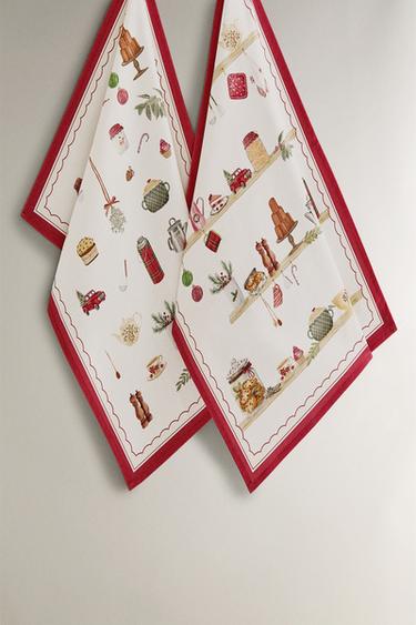 Zara PACK OF COTTON CHRISTMAS FOOD TEA TOWELS (PACK OF 2) - 紅色