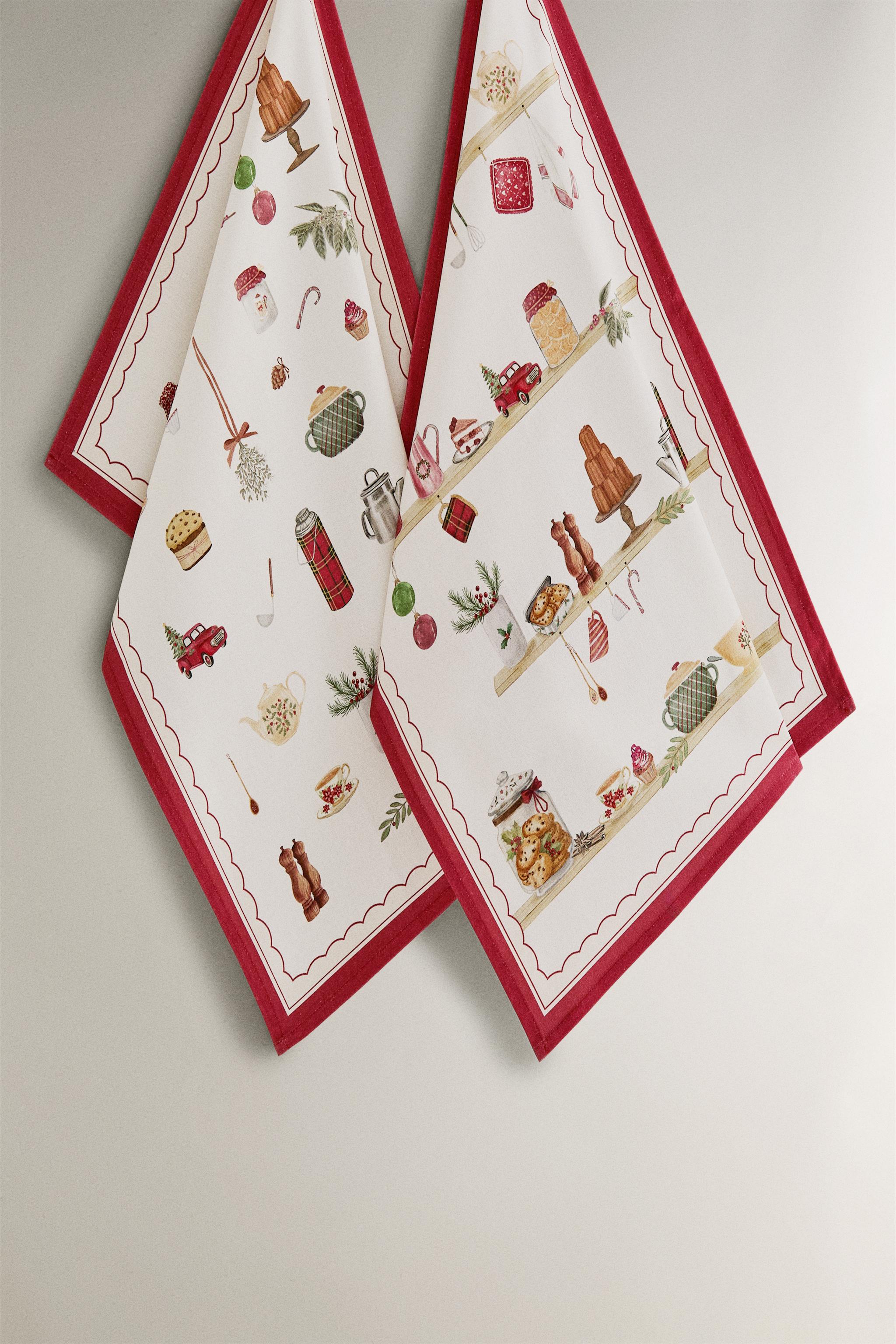 SET OF COTTON KITCHEN TOWELS WITH CHRISTMAS FOOD PRINT (SET OF 2)