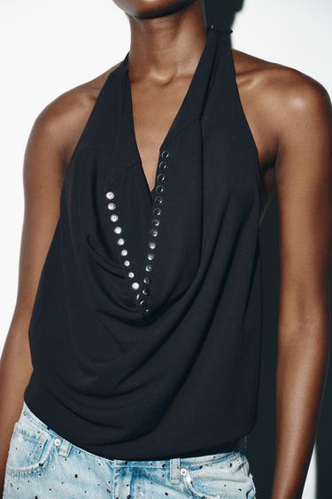 STUDDED HALTER TOP - Black by Zara