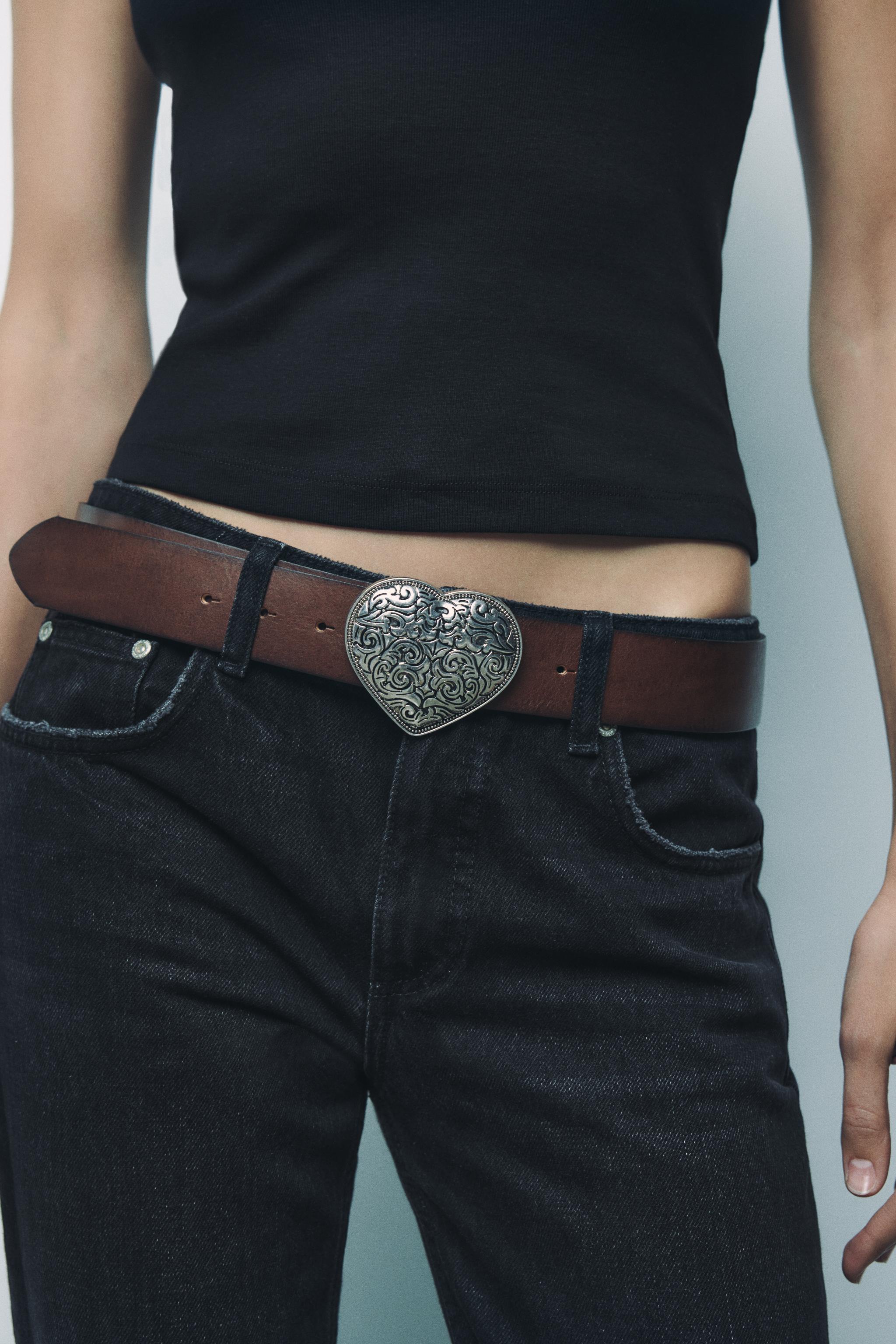 LEATHER COWBOY BELT WITH HEART BUCKLE