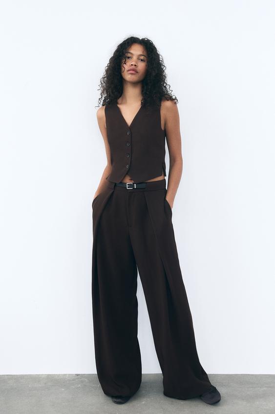PLEATED TROUSERS WITH BELT Chocolate brown ZARA