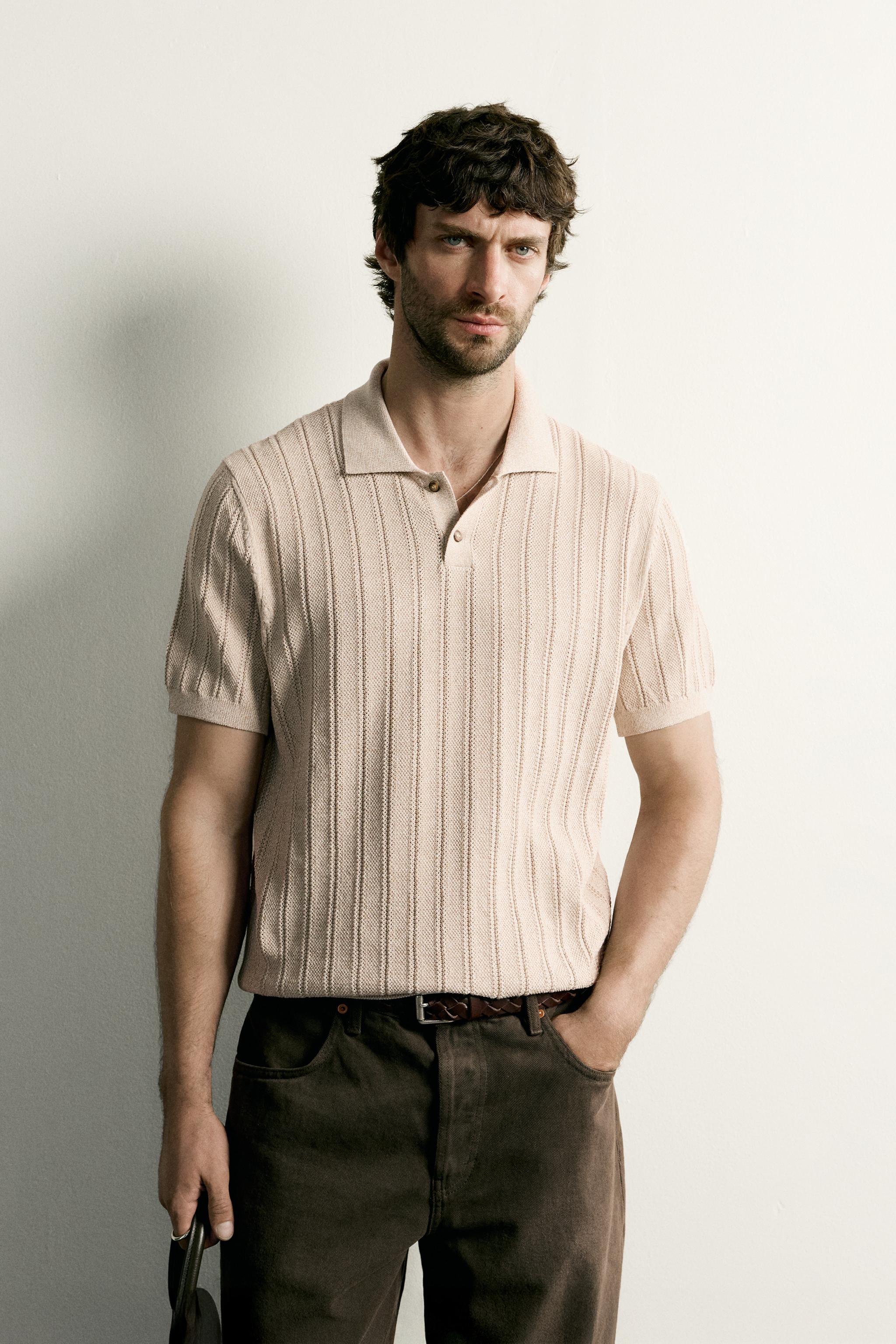 OPEN-KNIT TEXTURED POLO — Sand