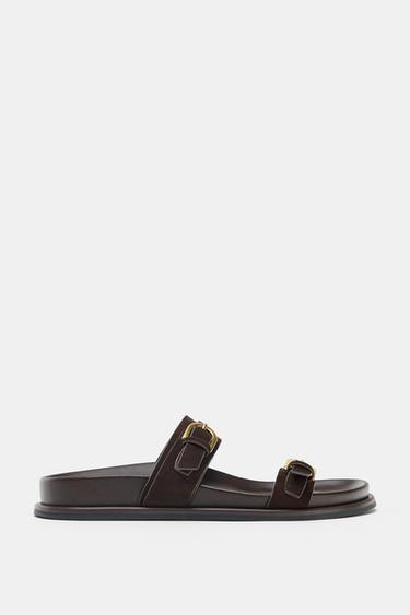Zara SUEDE BUCKLED SLIDE SANDALS - Chocolate Brown