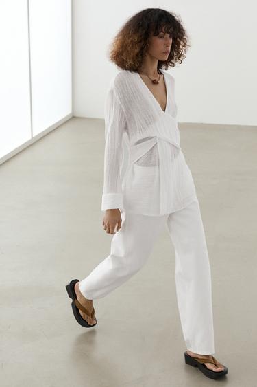 Zara Linen blend blouse with sash belt - White