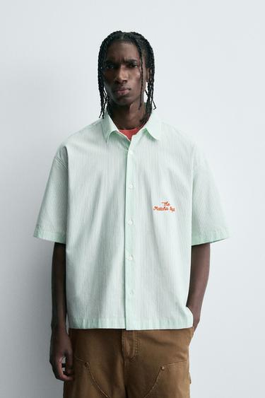 TEXT STRIPE SHIRT - Green by Zara - Image 1