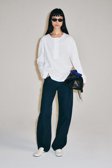 LINEN BLEND HENLEY T-SHIRT - White by Zara - Image 0