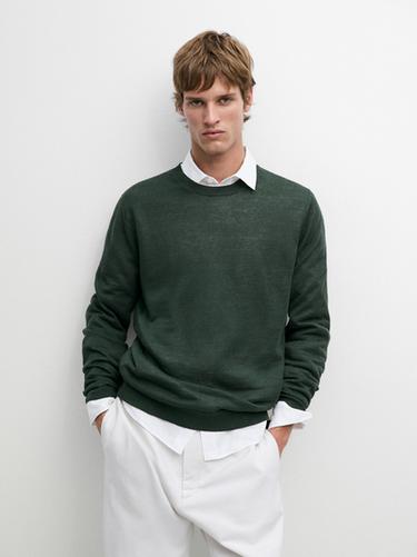 Zara 100% linen knit crew neck sweater - Bottle green